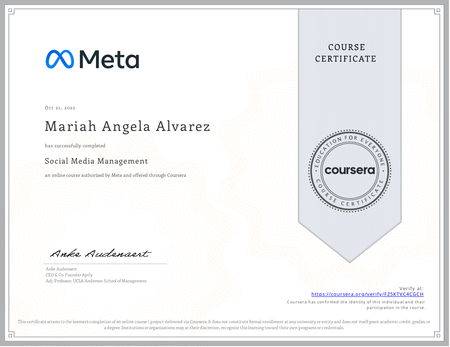 Social Media Management certificate awarded to Mariah Angela Alvarez