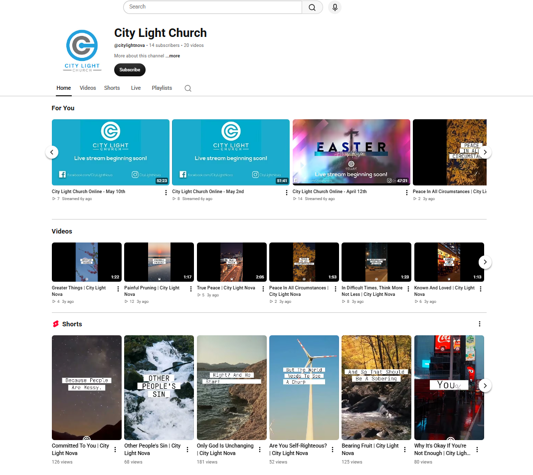 City Light Church YouTube channel with livestreams, videos and Shorts